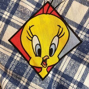 LOONEY TUNES The Bibb Company Vintage Twin Sheet Plaid Taz Tweety Sylvester Bugs